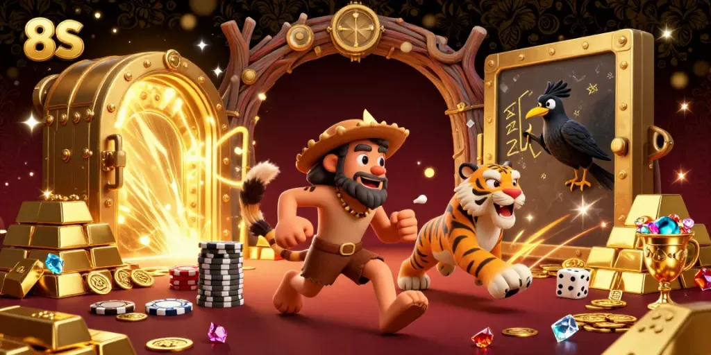 Experience thrilling action at 8S with a cartoon casino scene filled with treasures and characters.