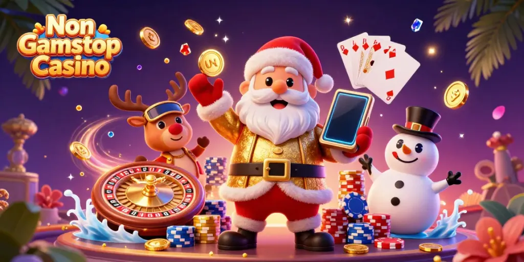 Experience the vibrant atmosphere of a Non Gamstop Casino with Santa, a reindeer dealer, and a poker chip snowman.