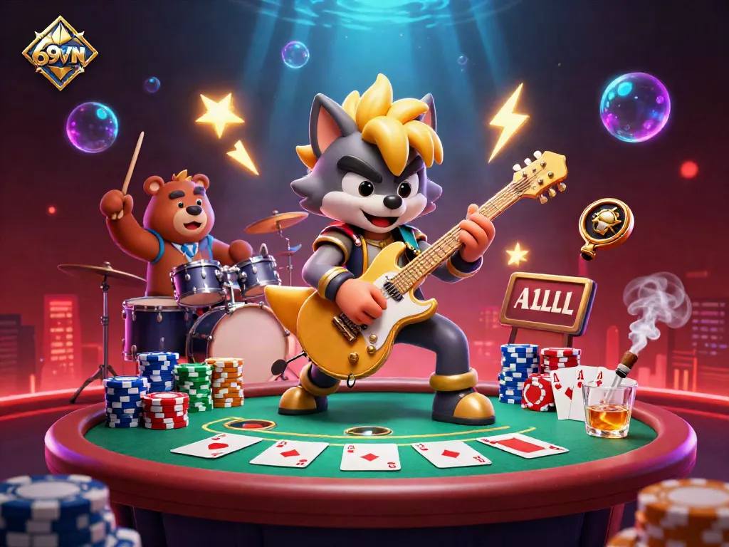 Experience excitement at 69VN with a rock star wolf and a drummer bear on a lively casino stage.