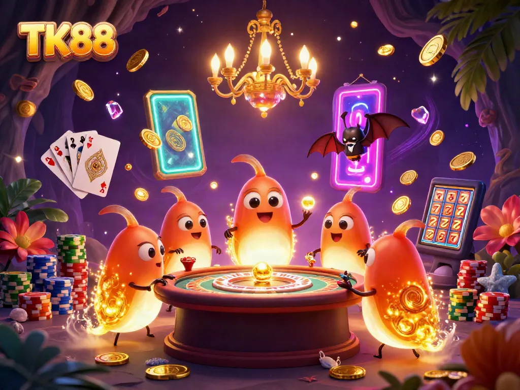 Experience exhilarating TK88 casino adventures with vibrant card games, glowing characters, and dazzling designs.