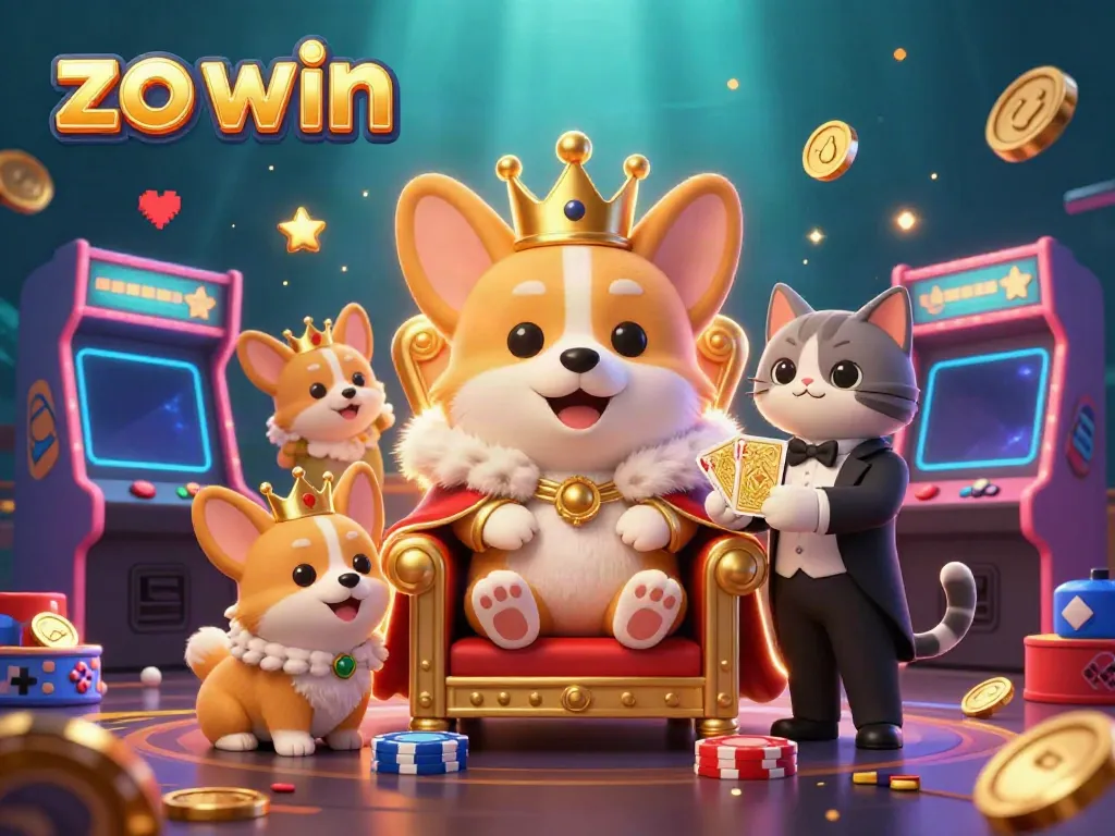 Join the fun at zo win with our vibrant casino illustration featuring a royal corgi and colorful gaming machines.