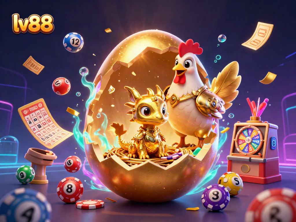 Engage with the vibrant lv88 casino scene featuring a golden dragon, poker chips, and lottery elements.