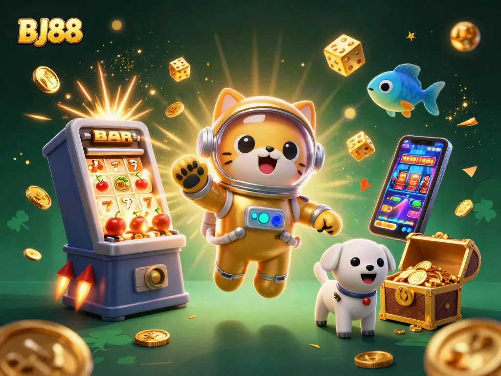 Engage with BJ88's entertainment as a 3D cartoon space astronaut cat ventures through dynamic casino adventures.