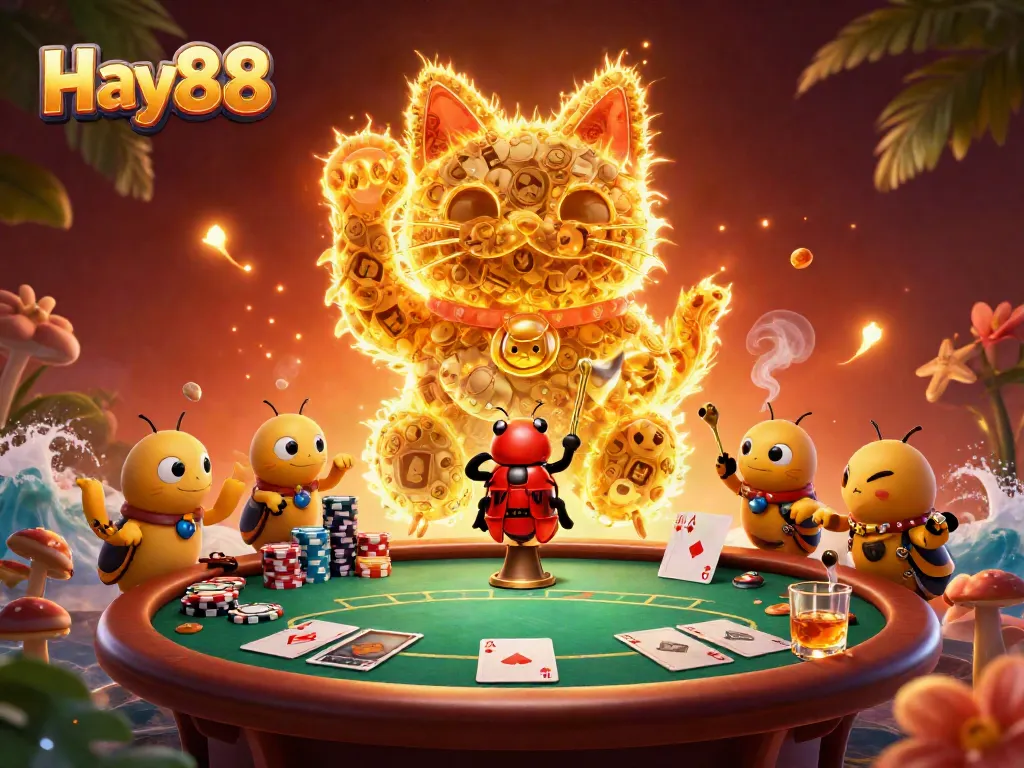 Experience excitement at Hay88 with a lucky cat and vibrant casino symbols surrounding engaging gameplay elements.