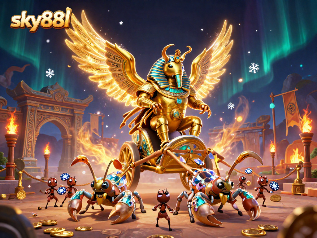Engage in thrilling gameplay at sky88l with a dynamic scene showcasing iconic gaming elements.