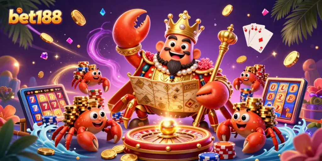 Experience excitement at bet188 with a golden crab emperor amidst dynamic casino elements.