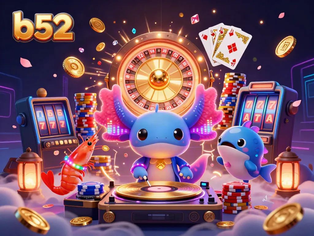 Experience the vibrant B52 casino scene with an axolotl DJ and dazzling game elements.