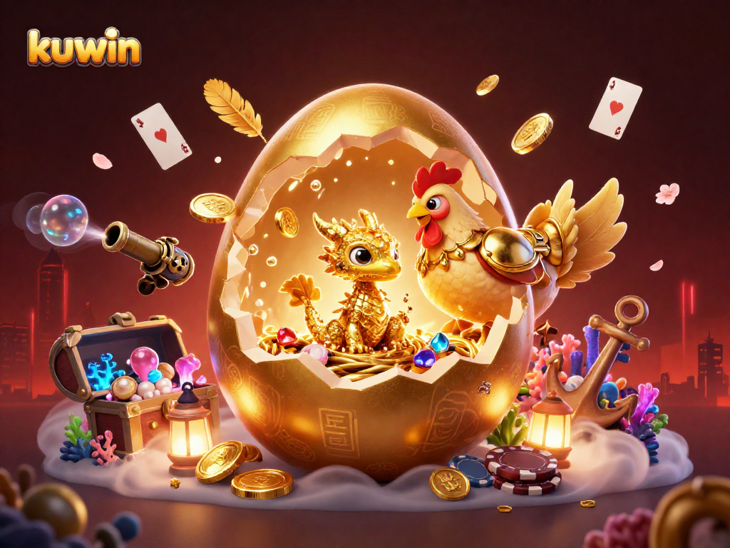 Engage in immersive gameplay with kuwin's vibrant 3D casino scene featuring golden treasures and dragon.
