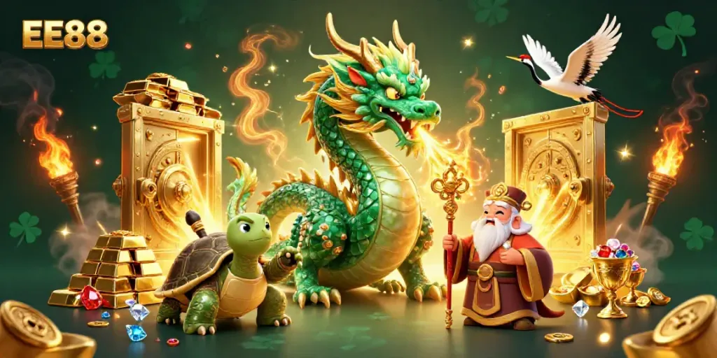 Experience thrilling adventures with EE88 featuring a jade dragon, turtle sage, and lucky cranes amidst gold treasures.