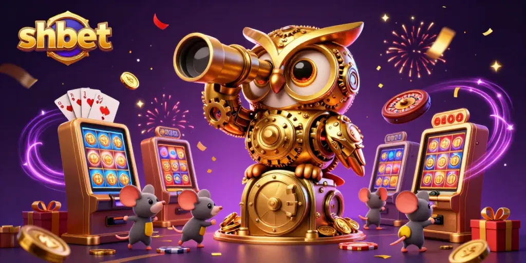 Experience shbet's vibrant slot action with a golden owl overseeing an exciting casino scene.