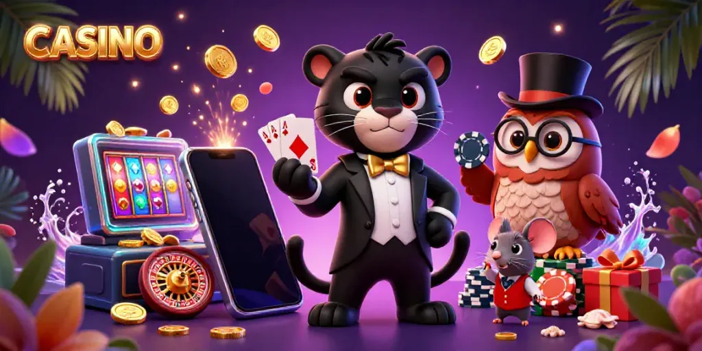 Engaging casino scene with a panther, owl, and mouse illustrating luck and excitement in gaming.