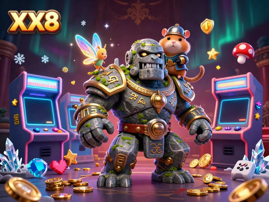 Experience the excitement of XX8 with a vibrant casino scene featuring a golem guardian, fairy magic, and playful gaming elements.