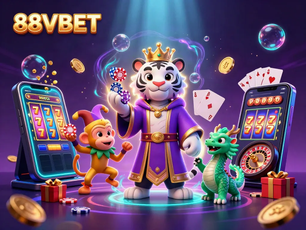 Experience the excitement of 88VBET with a vibrant casino scene featuring a royal tiger and fun gaming elements.