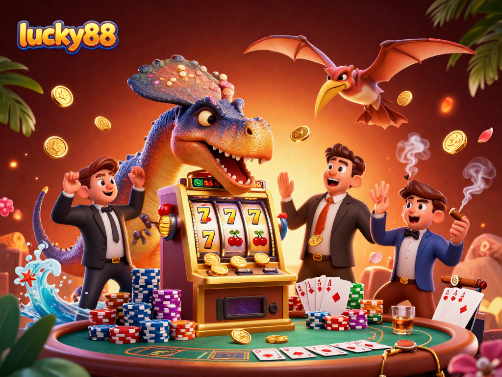 Exciting lucky88 scene featuring a dinosaur winning jackpot coins from a slot machine, highlighting a vibrant casino atmosphere.