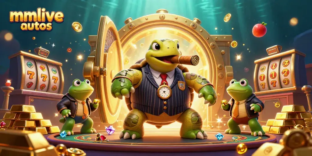 Experience the thrill of mmlive autos gaming with a vibrant casino-themed illustration featuring a charismatic turtle and bullfrog enforcers.