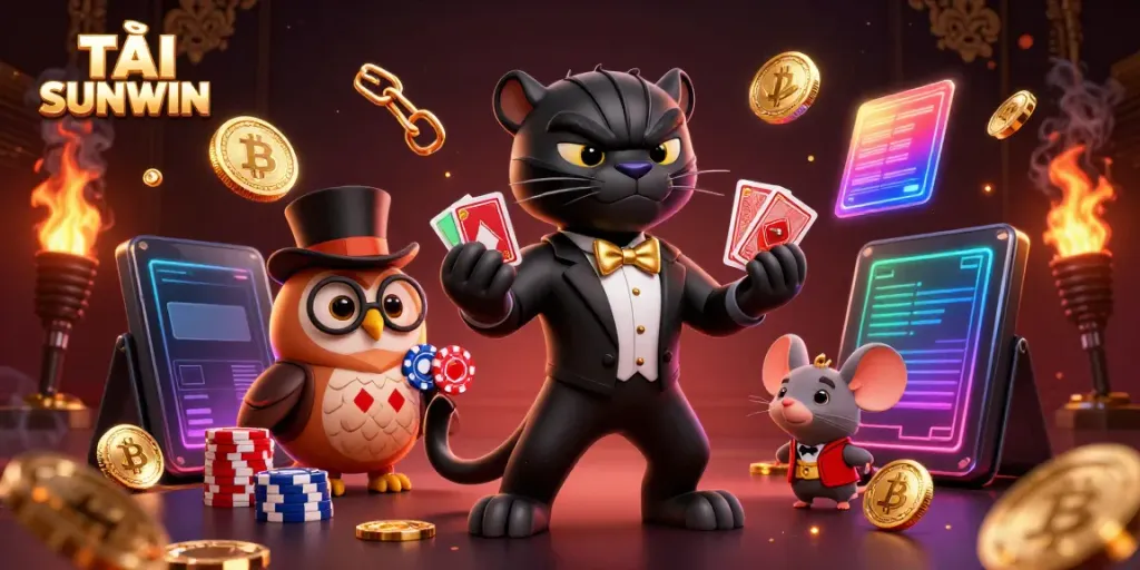 TẢI SUNWIN showcases an elegant black panther dealer, an owl with poker chips, and a lucky mouse in a vibrant casino setting.