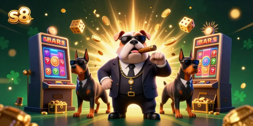 Experience thrilling gameplay at s8 with a vibrant cartoon scene of a gambling boss and riches.
