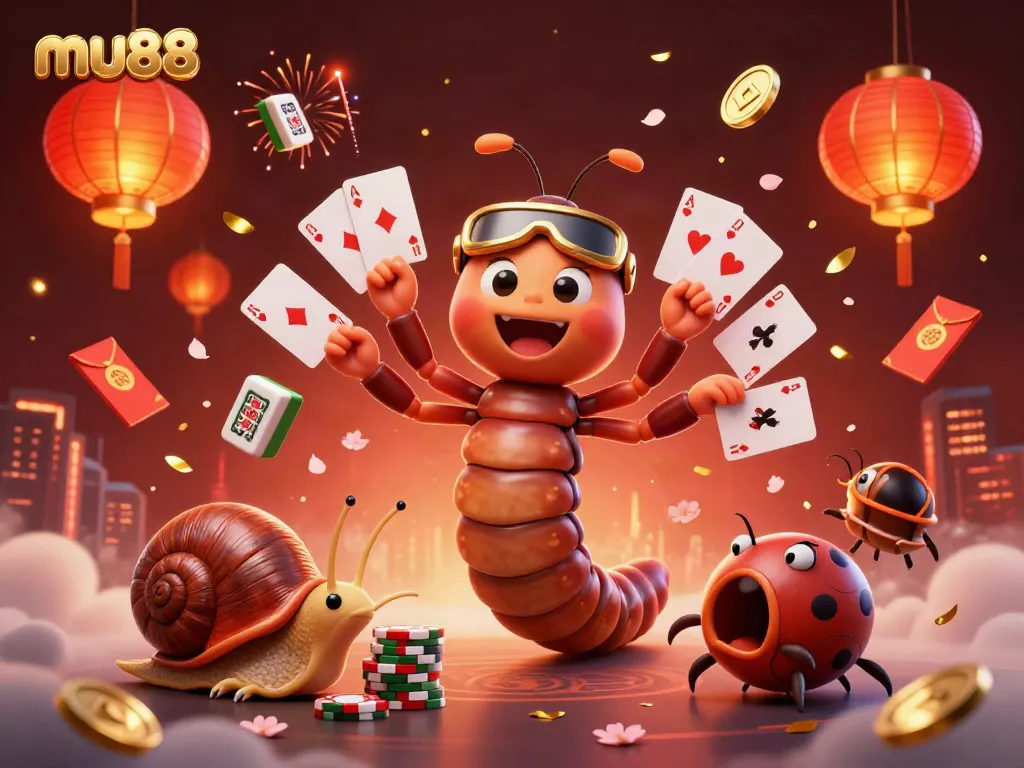 Experience dynamic 3D casino excitement at mu88 with a vibrant millipede dealer, cards, and high-rollers.