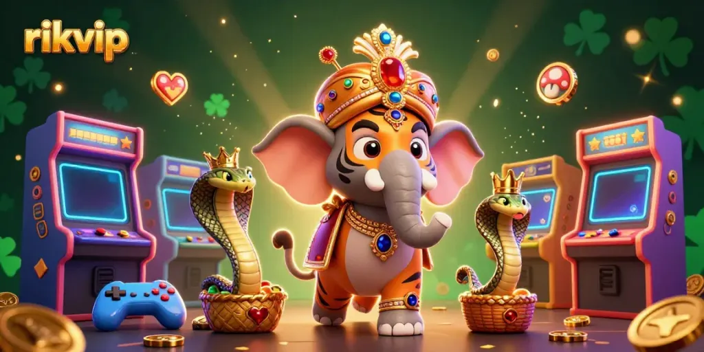 Enjoy thrilling gameplay at rikvip with vibrant casino-themed characters in a colorful, energetic scene.