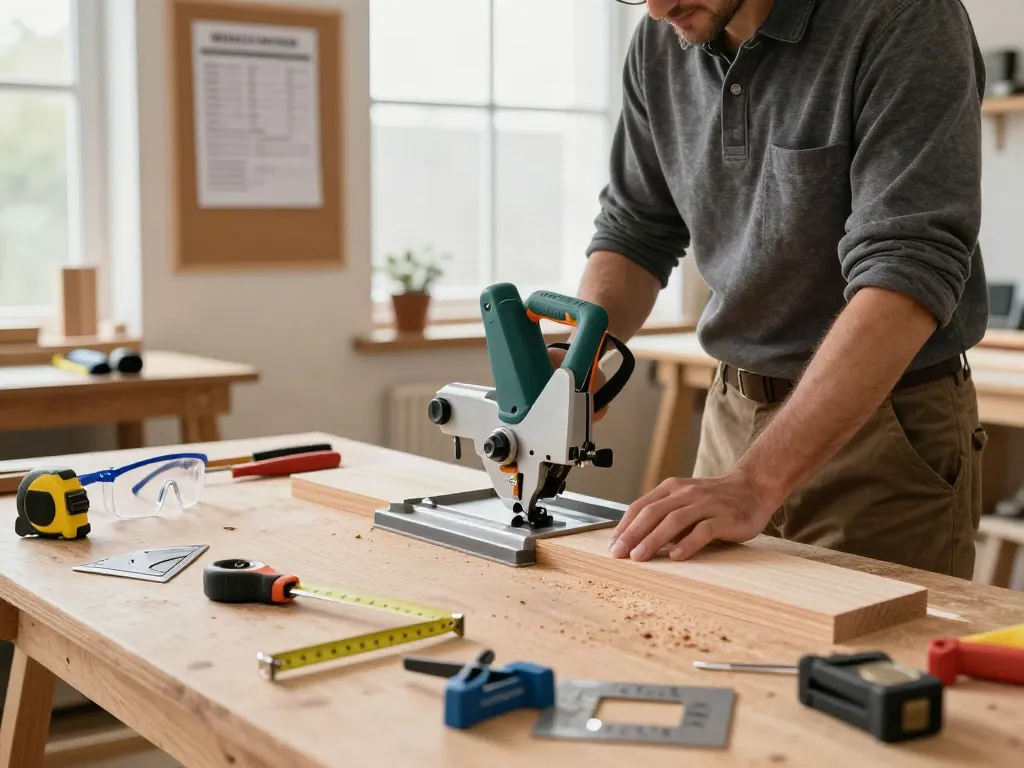 Craftsman using a manual mitre saw to make precise wood cuts in a well-lit workshop, showcasing tools and a focused atmosphere.