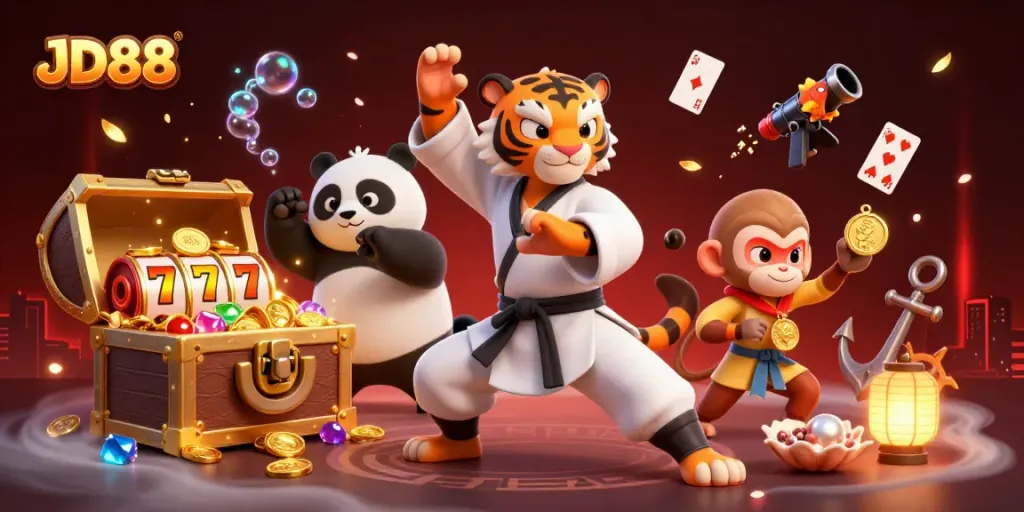 Experience JD88 with playful characters in a vibrant casino scene filled with gold coins and slot reels.
