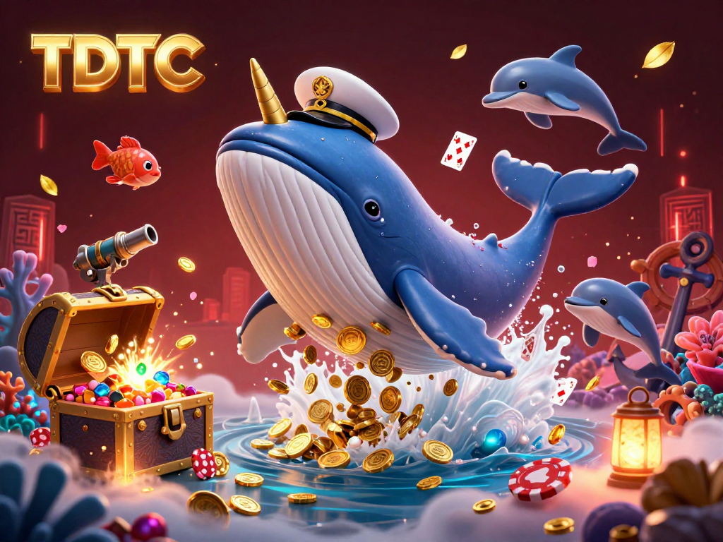 Engage with the vibrant TDTC casino scene featuring a whale and playful dolphins amidst gold coins.