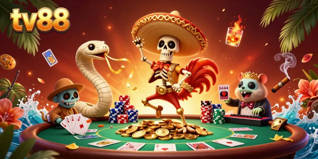 Immerse in tv88's vibrant casino scene featuring animated characters celebrating wins with poker chips and cards.