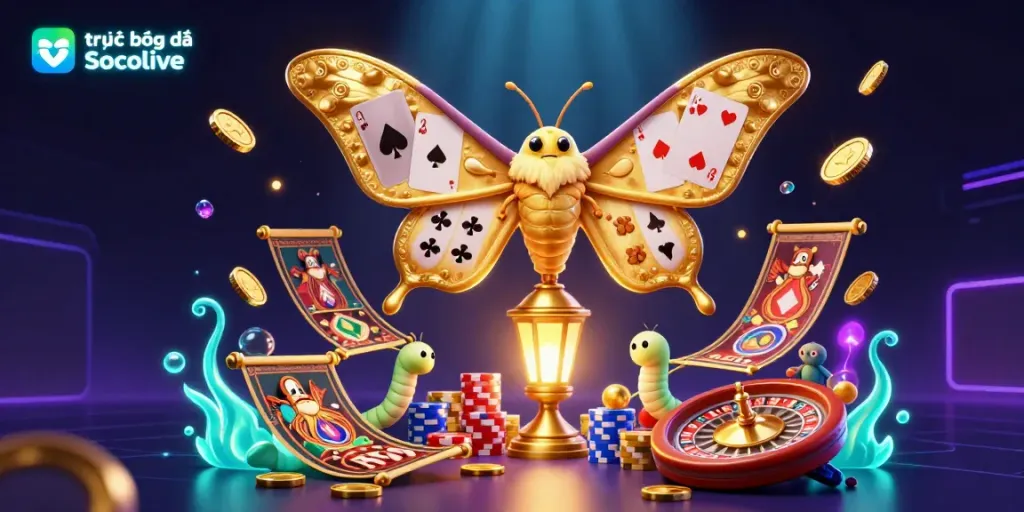 Engage in trực tiếp bóng đá Socolive with exciting casino-themed 3D illustration featuring a moth and golden elements.