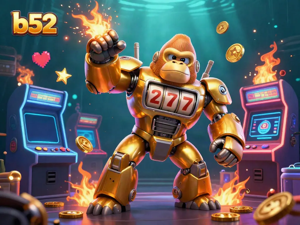 Engage in thrilling gameplay at b52 with a dynamic 3D illustration featuring a golden gorilla mech and vibrant casino elements.