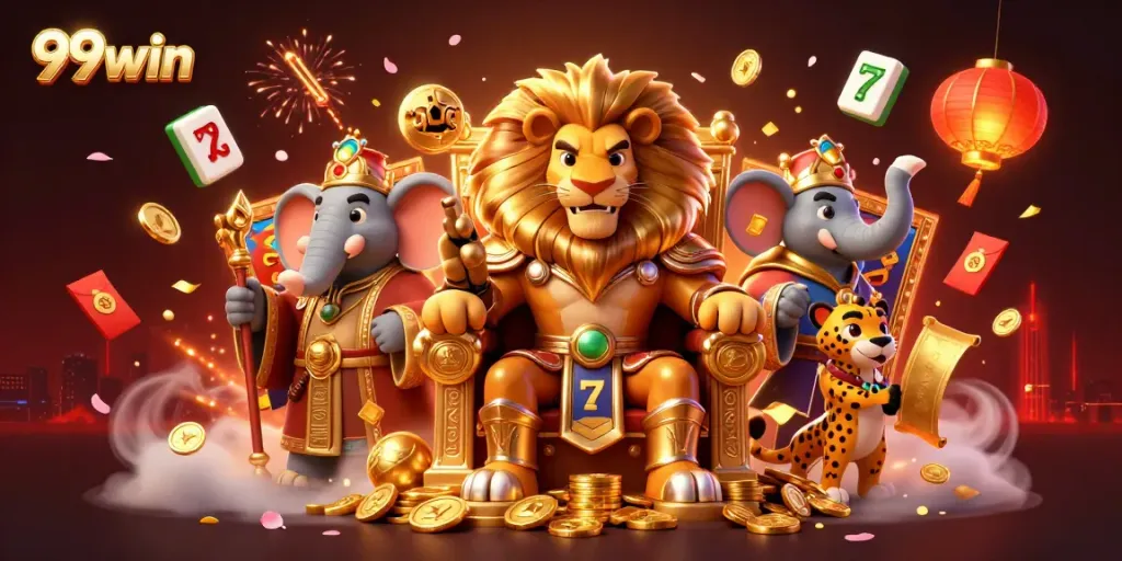 Experience thrilling slots at 99win with a cinematic illustration depicting a majestic lion king, fortune symbols, and festive elements.