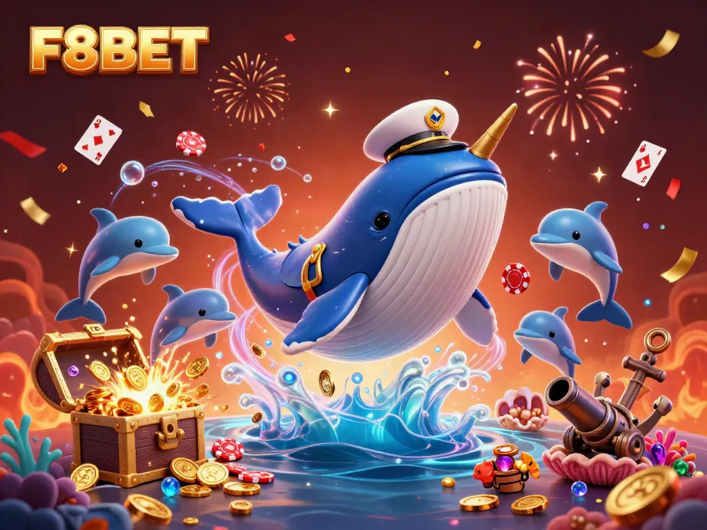 Play and win with F8BET in this vibrant 3D casino illustration featuring whales and playful dolphins.