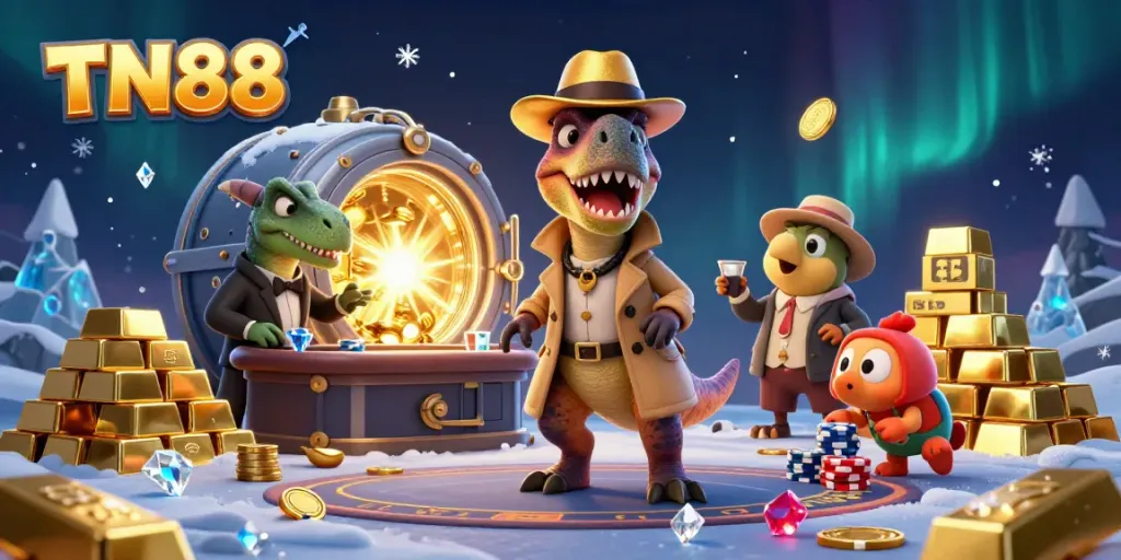 Experience thrilling blackjack action with TN88 as a cartoon velociraptor card counter and friends in a vibrant casino.