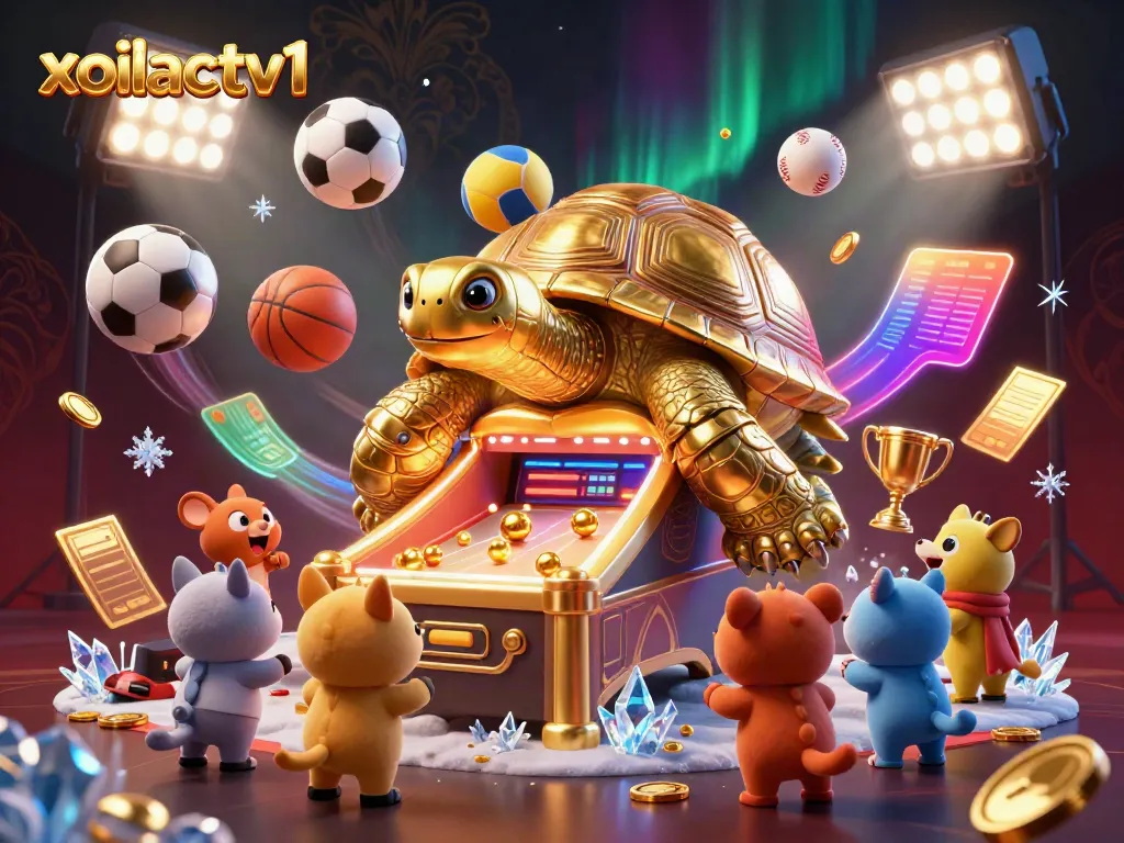 Xoilactv1 showcases an energetic scene with a cartoon tortoise and eager animals amid vibrant sports-themed elements.