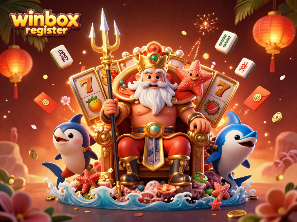 Experience the thrilling winbox register process with vibrant slots and a triumphant Neptune surrounded by luck.