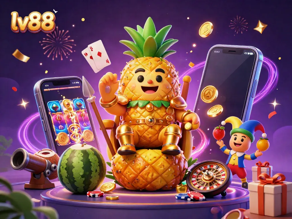 Experience thrilling gameplay with lv88's vibrant seaside casino featuring a golden pineapple king, bodyguards, and magic elements.