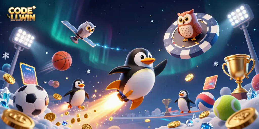Embrace the excitement of CODE LLWIN with a dynamic casino scene featuring a golden penguin and cosmic elements.
