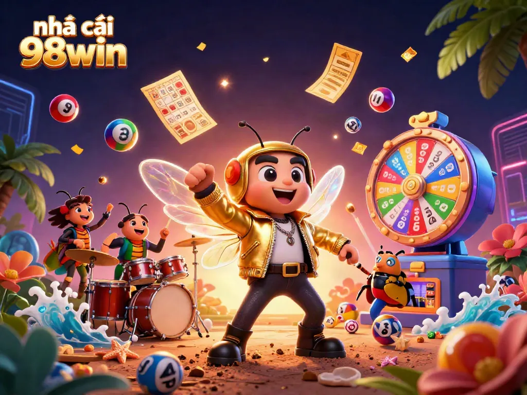 Engage with the vibrant scene at nhà cái 98win showcasing a rock star cicada and thrilling prize elements.