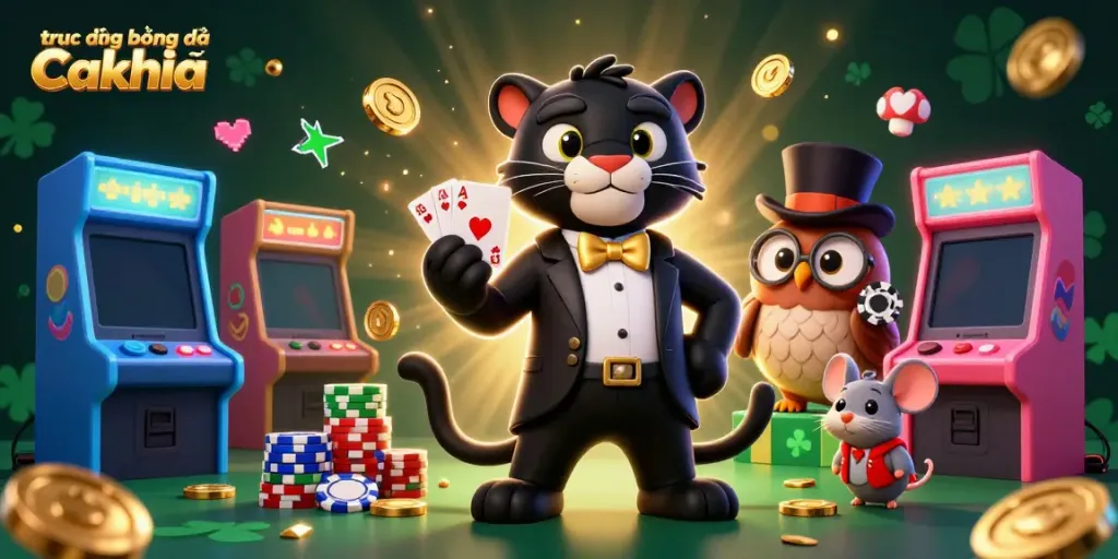 Experience stunning trực tiếp bóng đá Cakhia with a stylish panther dealer among vibrant casino elements.