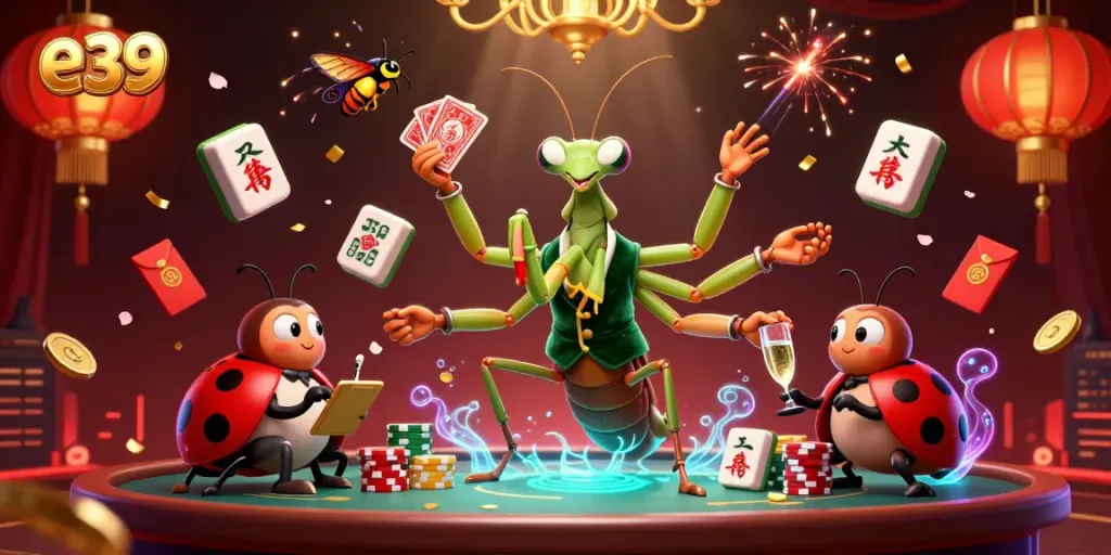 Experience the thrilling e39 casino scene with a mantis dealer and ladybug pit boss.