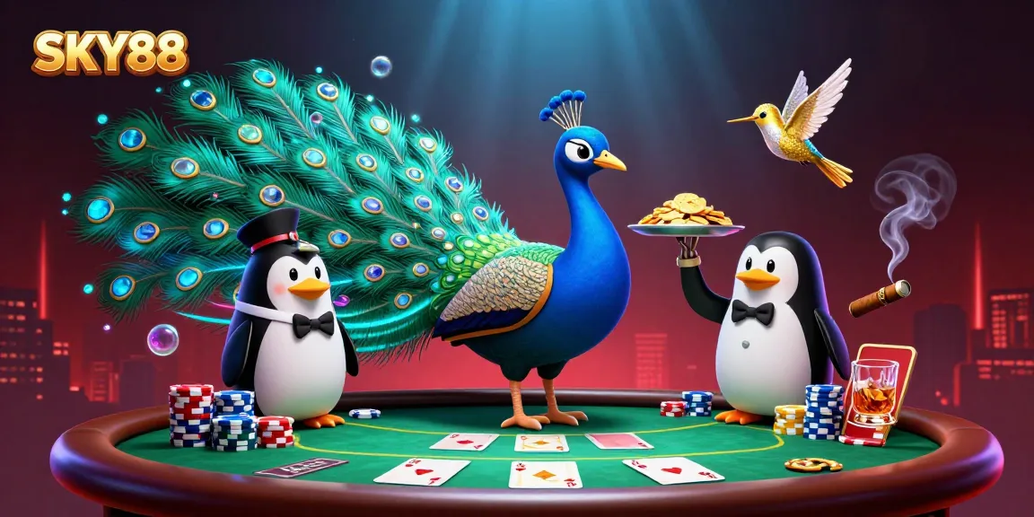 Engage in thrilling gameplay with SKY88 at a vibrant poker table surrounded by opulent characters.