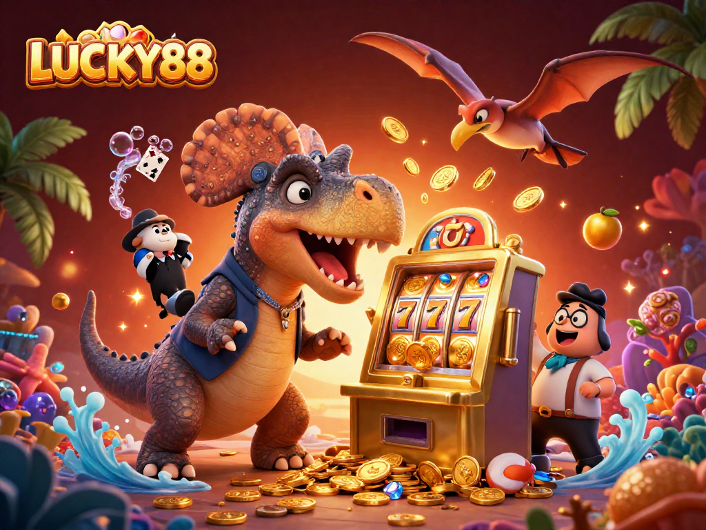 LUCKY88 players enjoying a jackpot win with a cartoon dinosaur and dynamic casino elements