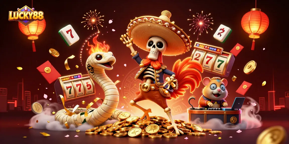Engage with the LUCKY88 experience through this vibrant casino-themed illustration featuring lively characters.