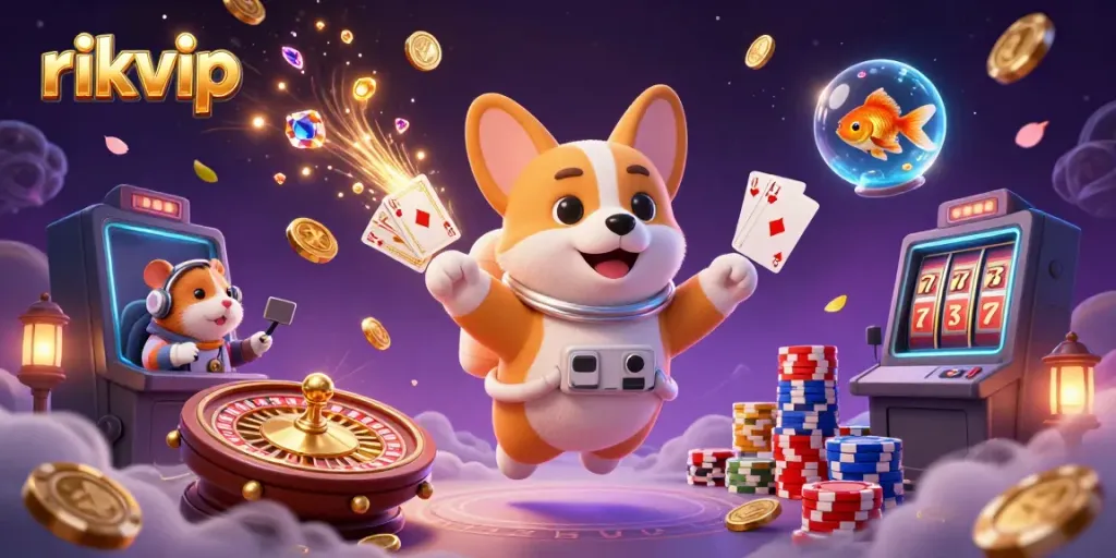 Experience thrilling gameplay at rikvip casino with a whimsical 3D scene of characters enjoying a space-themed casino.