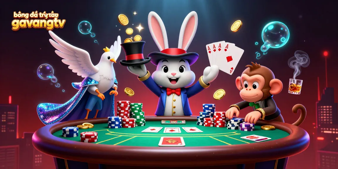 Bóng đá trực tuyến gavangtv features a magician rabbit, enchanting dove, and playful monkey amidst poker chips.