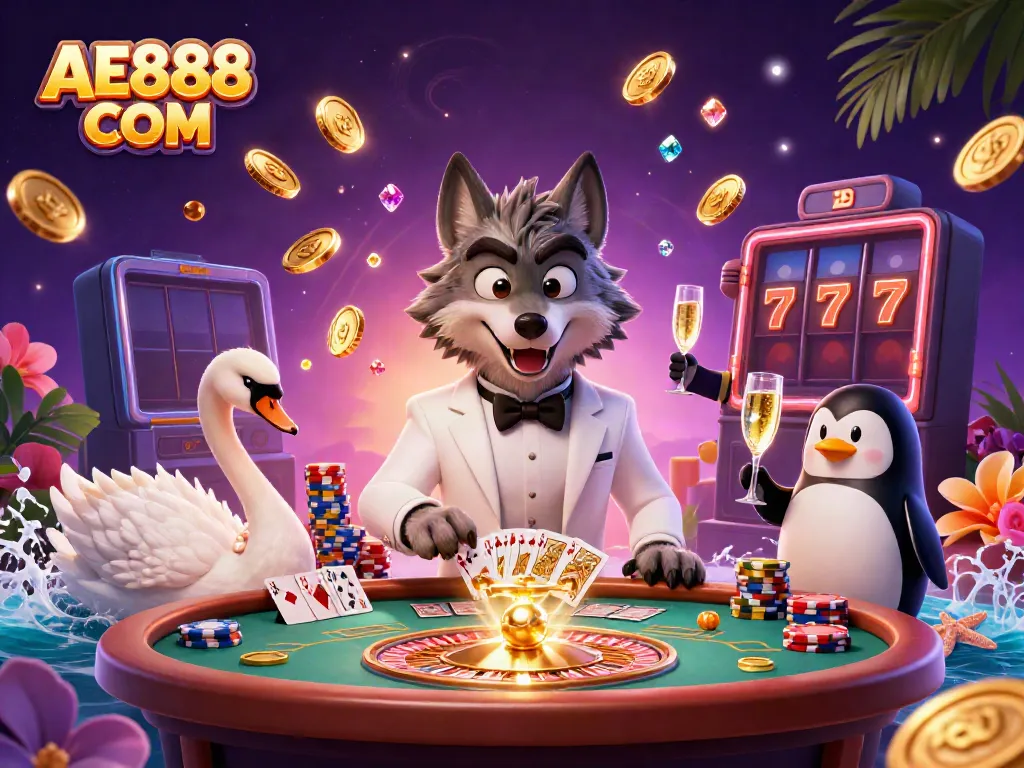 Join the excitement at AE888 COM with a wolf, swan, and penguin in a vibrant casino scene.