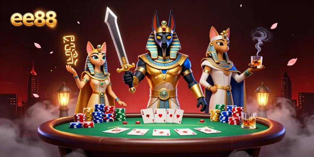 Engage in thrilling card games at ee88, featuring Anubis and Bastet in an Egyptian-themed poker scene.