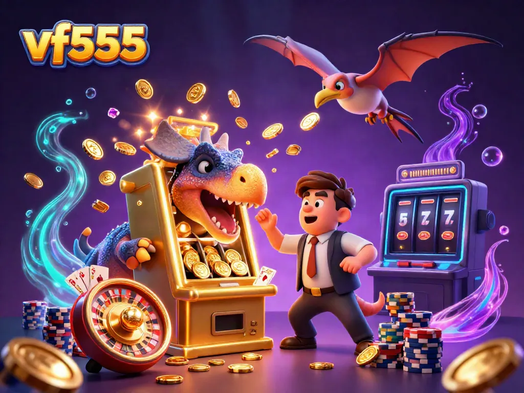 Spin to win with vf555 as cartoon dinosaurs celebrate jackpot coins at a vibrant casino scene.