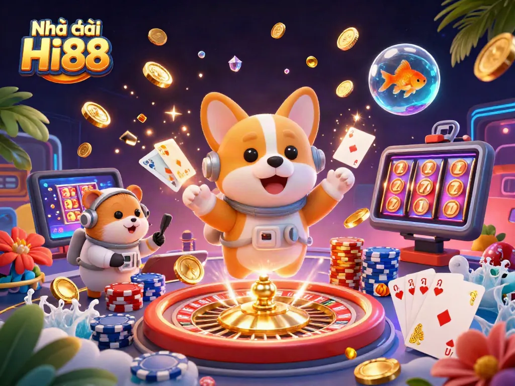 Engage with Nhà cái Hi88 as the astronaut corgi spins lucky games in a vibrant space casino scene.
