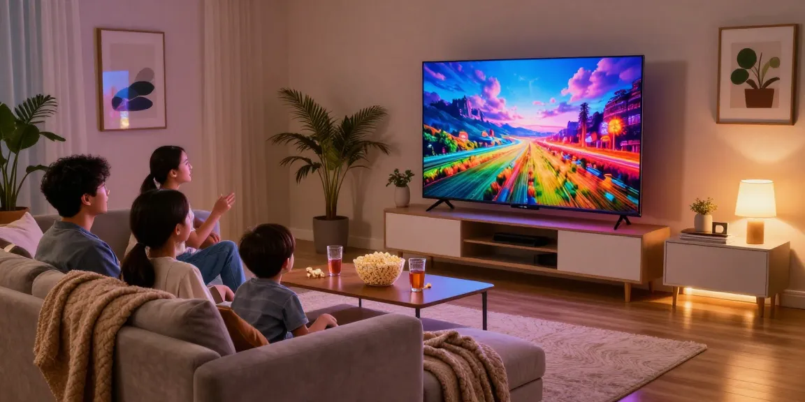 Family enjoying movie night with Samsung Micro RGB TV showcasing vibrant colors and stunning clarity in contemporary living room.