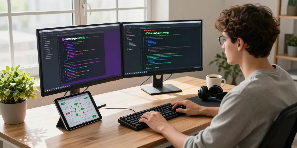 Focused developer working on WhatsApp下載 app features at a modern desk